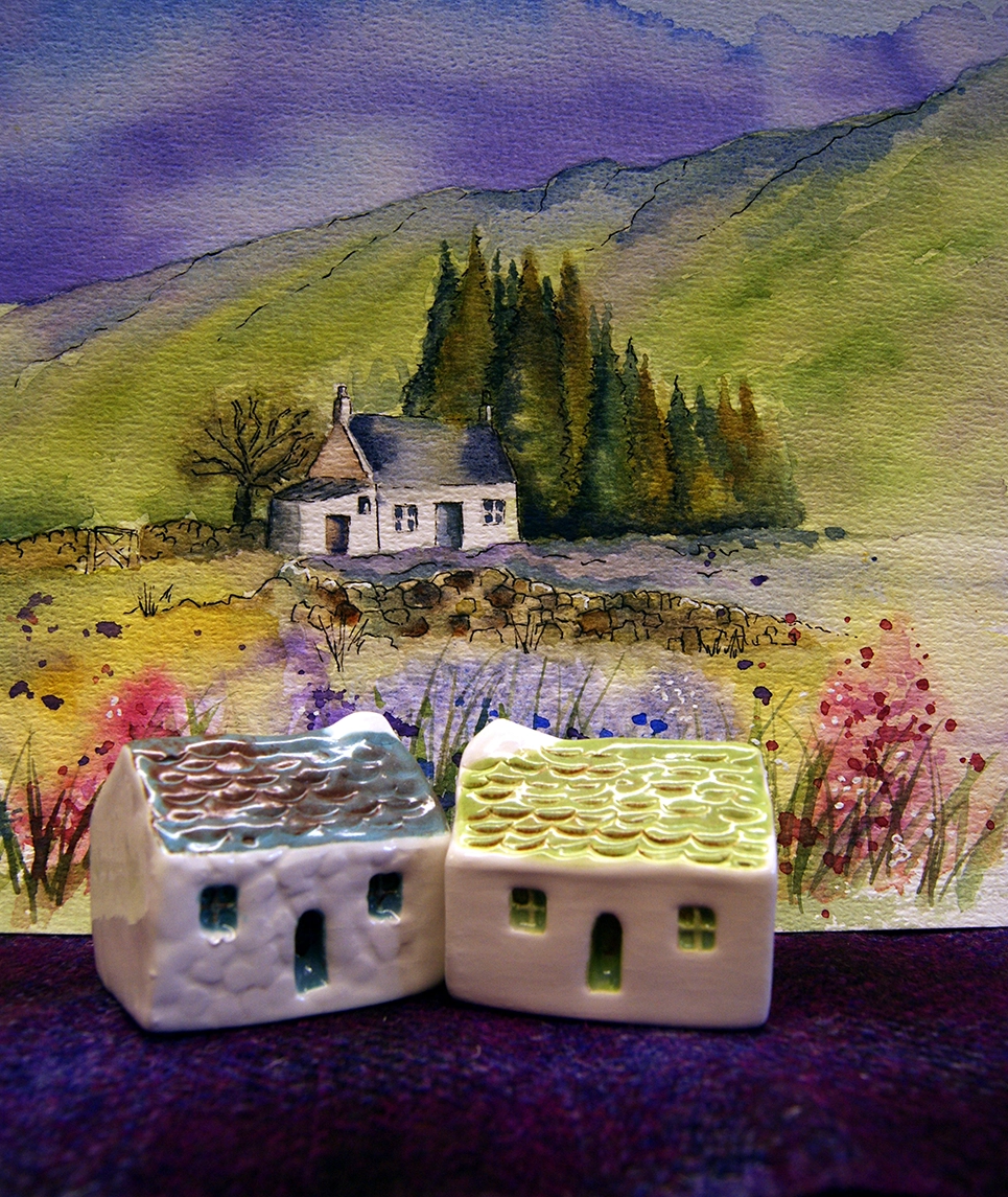 Glenshee Pottery-Watercolour with bothies